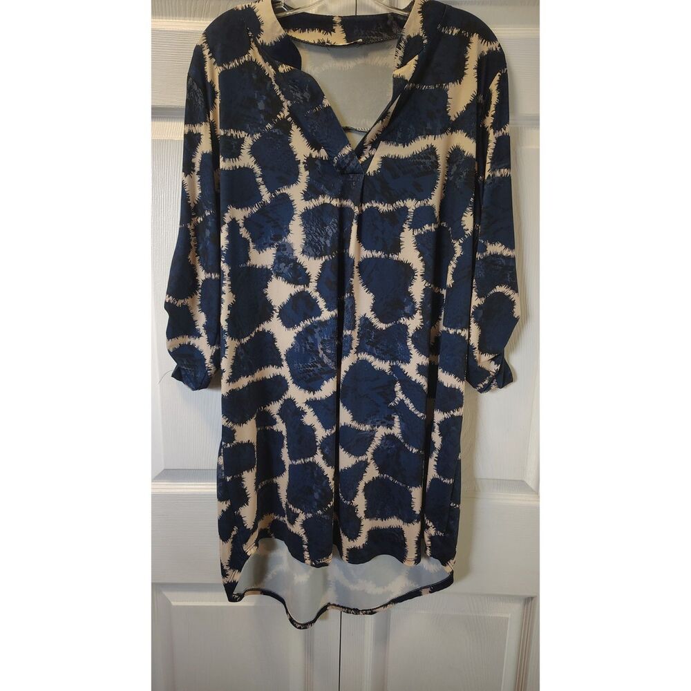Made In Italy Navy Blue Cream Giraffe Print Tunic Dress Size XXL Viscose Stretch